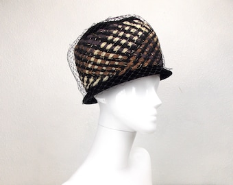 Black Velvet Pillbox Hat with Netting and Braided Detail 1950's 1960's