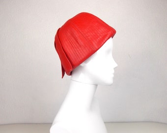 1960's Red Leather Hat Mod Style Toque Style Made in Italy