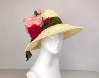 Ivory Raffia Straw Hat Large Brim With Silk Roses 1960's