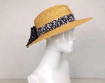 Straw Hat with Black Floral Hatband