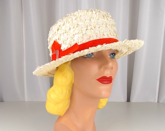 white Raffia Straw Hat with Orange Hatband 1950's