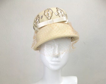 Ivory Felt Hat with Sequin Trim and Veil 1950's 1960's
