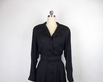 1980's Retro 1940's Black Rayon Dress d. FRANK label Size 4
