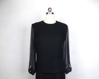 1960's Two Piece Skirt and Top Set Black with Sheer Sleeves