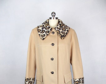 1960's Wool Coat Camel Color with Leopard Print Collar and Cuffs Fashionbilt Casuals