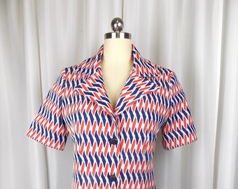 1970's Red White Blue Short Sleeve Blazer Jacket Polyester Knit