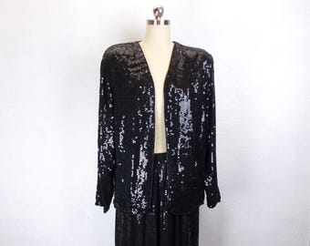 Vintage Two Piece Black Sequin Jacket and Maxi Skirt
