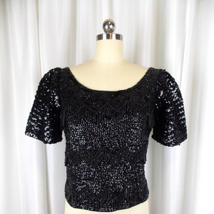 Black Bead and Sequin Sweater Top Scoop Neckline Large Shimmy Sweater 1950&#39;s 1960&#39;s