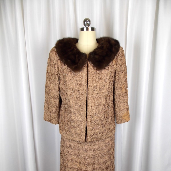 1950's Two Piece Suit Ribbon Soutache Fur Collar