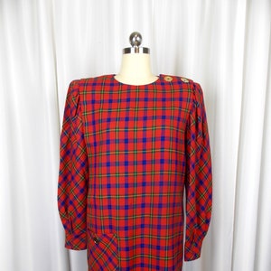 1980&#39;s Albert Nipon Red Window Pane Plaid Dress Royal Stewart Plaid