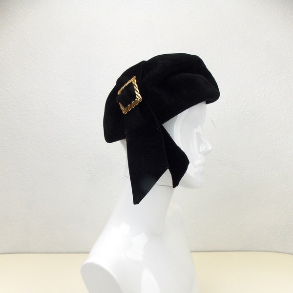 1950's Black Felted Wool Hat with Goldtone Buckle Jean Parée