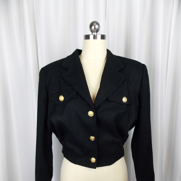 1980's Black Wool Crop Jacket Eisenhower Jacket Military Inspired Small