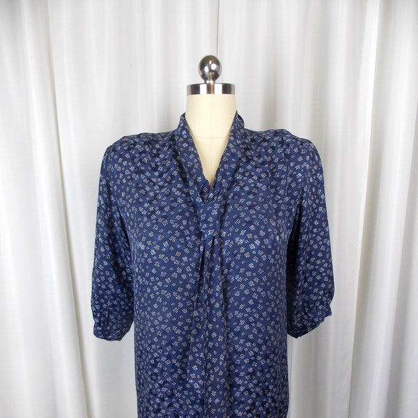 Retro 1940's Silk Blouse Blue and White with Attached Tie Collar