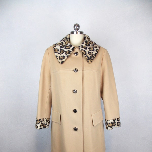 1960's Wool Coat Camel Color with Leopard Print Collar and Cuffs Fashionbilt Casuals