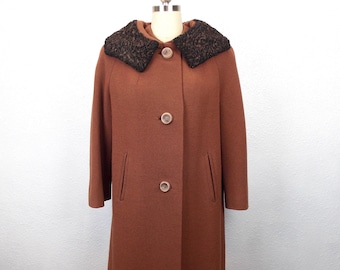 1960's Brown Wool Coat with Nubby Texture and Curly Fur Collar
