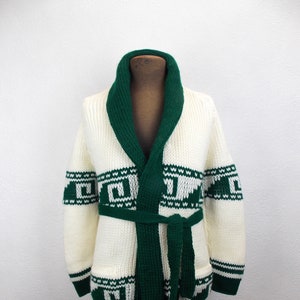 1970s Chunky Knit Cardigan Sweater Starsky and Hutch The Dude Big Lebowski in Green and White