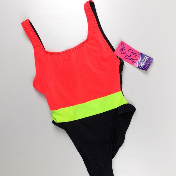 Neon and Black Swimsuit NOS 1990's One Piece Maillot Small Christina Swimwear 1980's 1990's