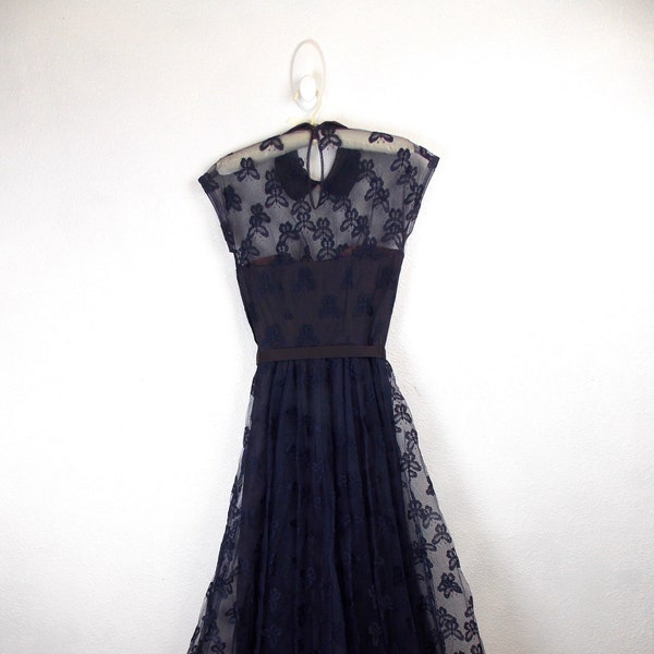 1940's Navy Blue Dress Tulle and Rayon Dress XXS