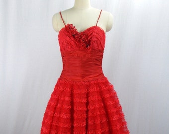 1950's Red Tulle Formal Prom Dress XXS