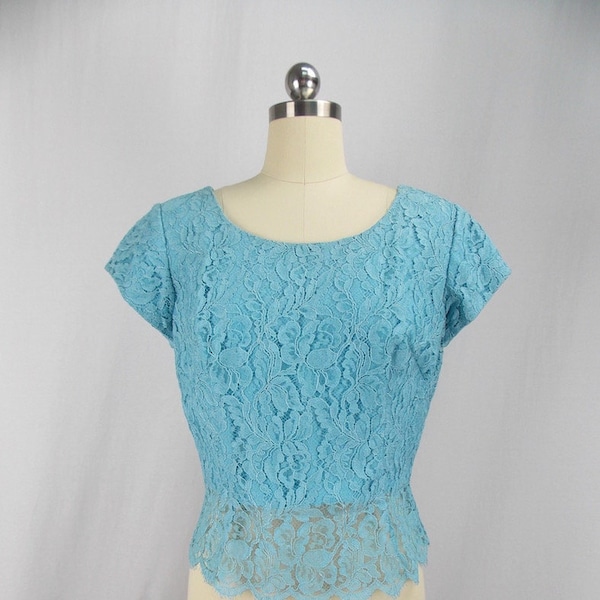 1950's 1960's Blue Lace Shell Top Blouse with Cap Sleeves