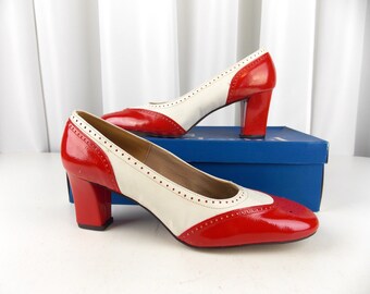 red and white spectator pumps