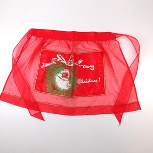 Vintage 1950&#39;s 1960&#39;s Santa Claus Holiday Apron Red Chiffon