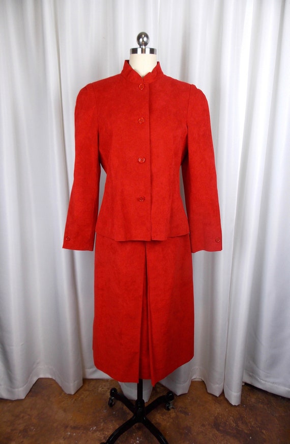 Red Ultra Suede Two Piece Skirt Suit 1980's Samuel