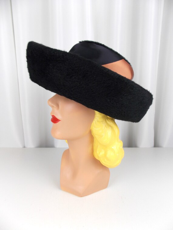 Black Felt Hat with Taupe and Black Satin 1950's … - image 1