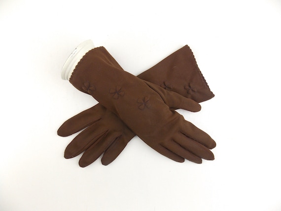 Brown Wrist Length Gloves with Raised Floral Patt… - image 1