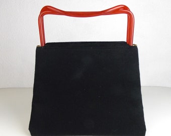 1940's 1950's Large Black Wool Structured Handbag with Interlocking Handle