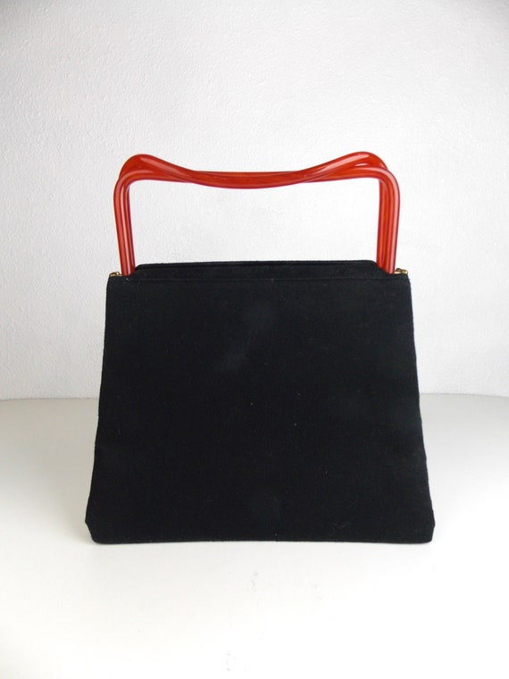 1940's 1950's Large Black Wool Structured Handbag 