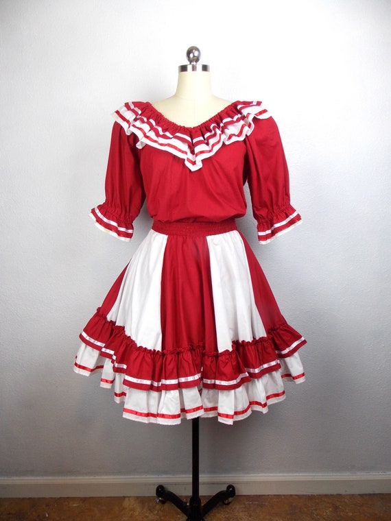 Vintage Red and White Square Dance Set Blouse and 