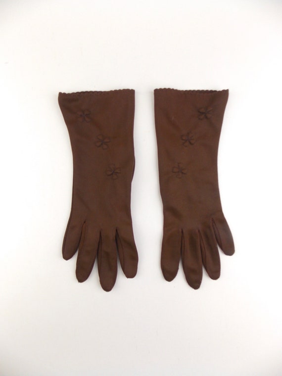 Brown Wrist Length Gloves with Raised Floral Patt… - image 2