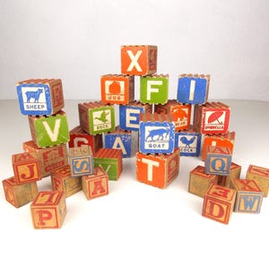 Vintage Wood Alphabet Blocks 30 Pieces