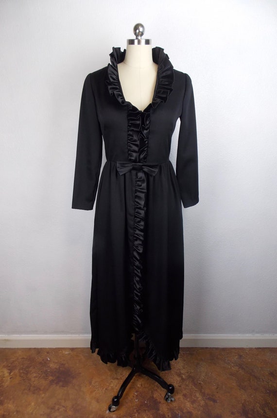 1970's 1980's Black Ruffle Trimmed Formal Dress Ma