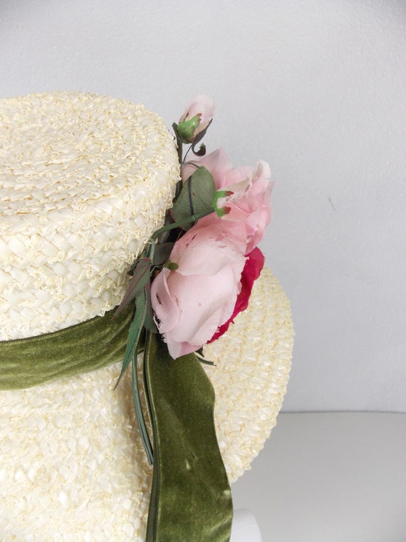 Ivory Raffia Straw Hat Large Brim With Silk Roses… - image 7