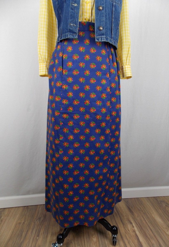 1970's Maxi Skirt in Blue Floral Corduroy
