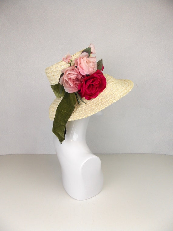 Ivory Raffia Straw Hat Large Brim With Silk Roses… - image 2