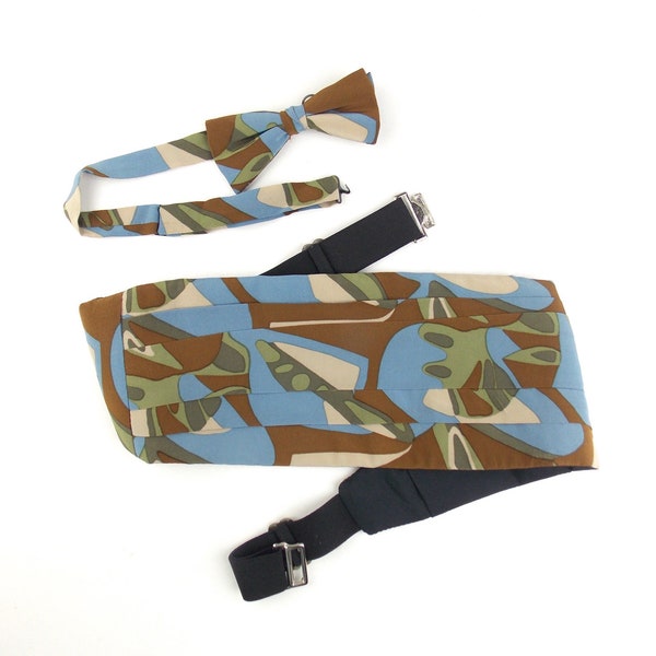 Vintage Men's 2 Piece Silk Cummerbund Set in Googie Print with Matching Bow Tie