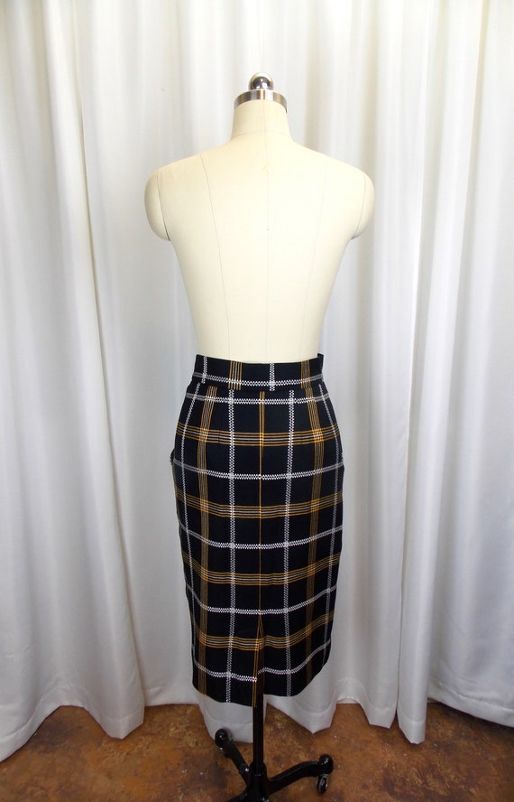 1990's Plaid Wool Skirt Black and Yellow Pencil S… - image 5