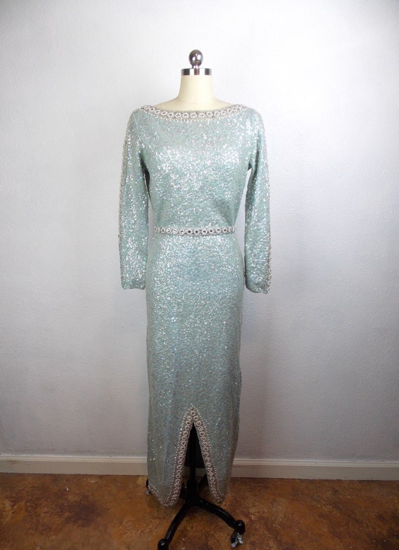 1960's Sequined Wool Knit Formal Gown Size 4