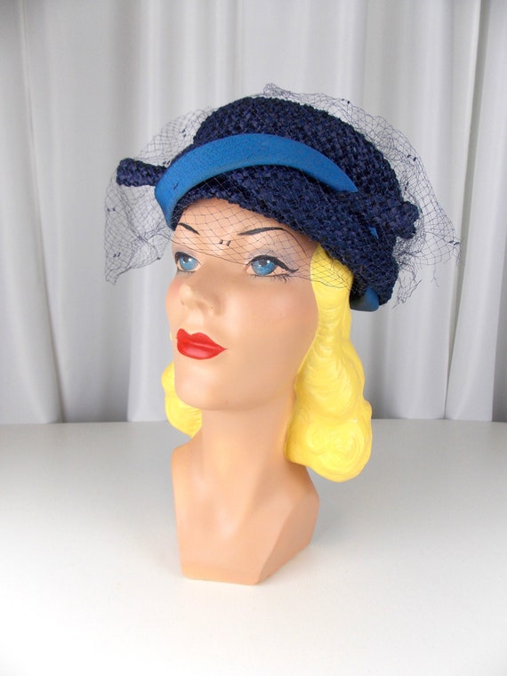 Blue Raffia Straw Hat with Veil by Ethel Atkins  … - image 1