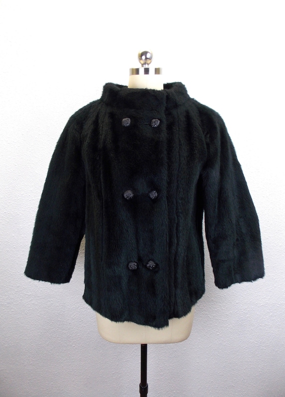 1960's Black Faux Fur Jacket Short Coat Size M - image 1