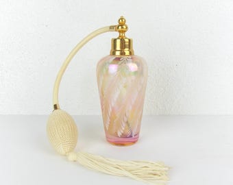 Vintage Kunst Glas Rosa und Weiß Opalescent gezogenen Feder Parfüm Zerstäuber