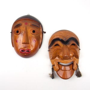 Pair of Vintage Korean Masks Carved Wood Wall Decor