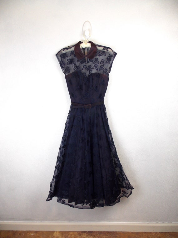 1940's Navy Blue Dress Tulle and Rayon Dress XXS - image 4