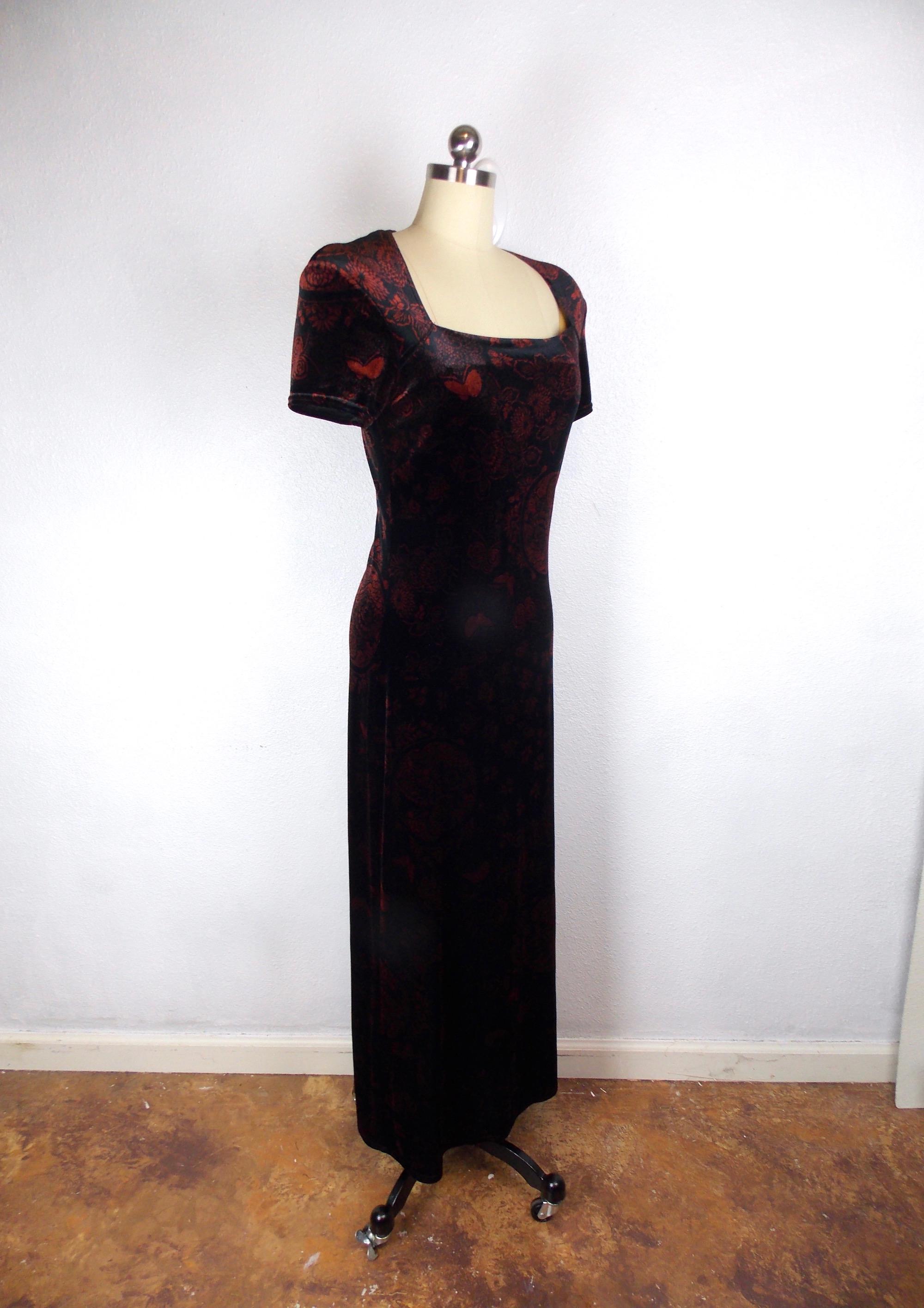 1990's Black and Red Velour Ankle Length Dress Sheri Martin Size 8