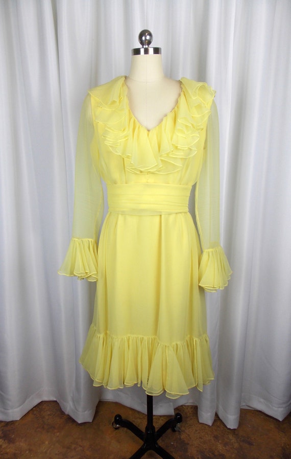 Yellow Chiffon Dress Ruffle Collar Cuffs Hem 1960'