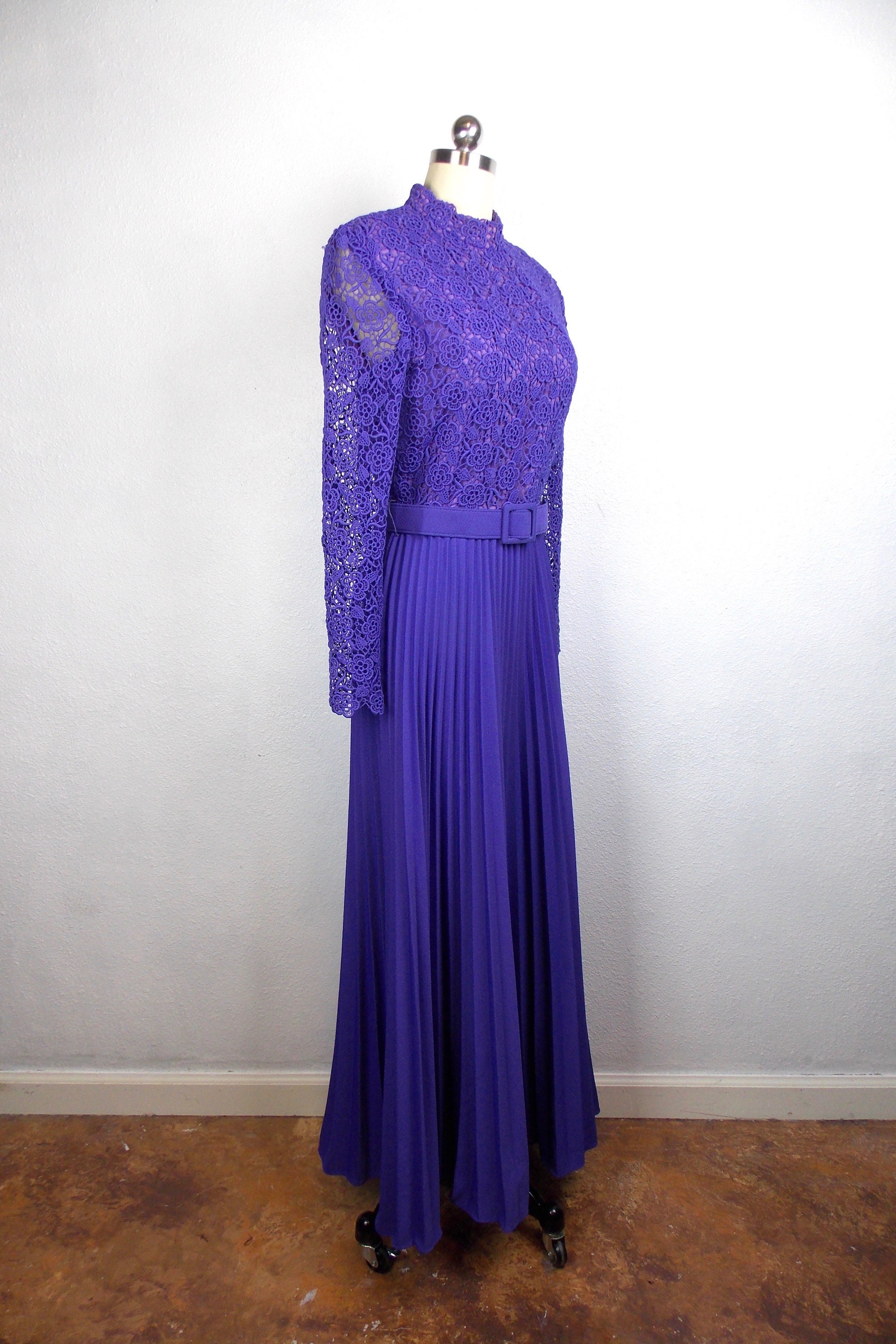 1970's Plum Purple Maxi Dress with Lace Like Bodice and Pleated Skirt 1970's Plum Purple Maxi Dress with Lace Like Bodice and Pleated Skirt