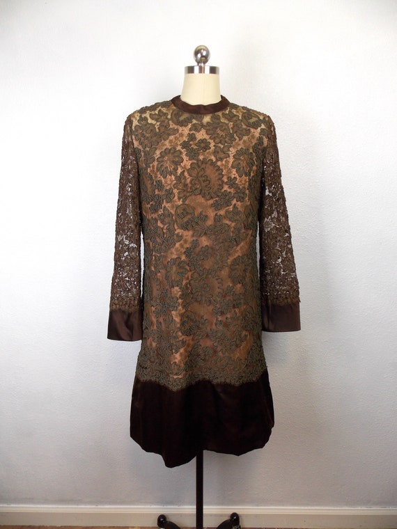 1960's Cocktail Dress Brown Lace and Satin
